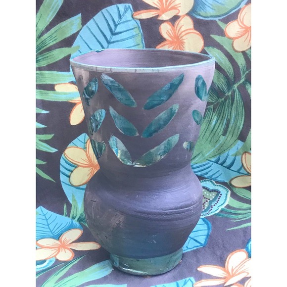 Raku Pottery Vase with Green Leaves on dark charcoal gray - Picture 3 of 8